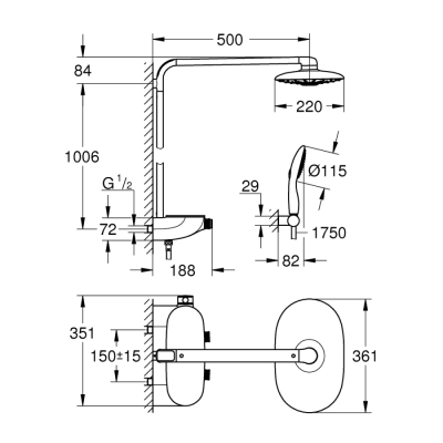 Grohe Rainshower System Smartcontrol Duo 360 Duvara Monte Termostatik Bataryalı Duş Sistemi - 26250Ls0 - 2