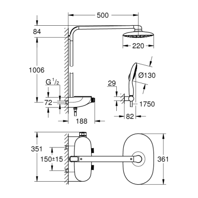 Grohe Rainshower System Smartcontrol Mono 360 Duvara Monte Termostatik Bataryalı Duş Sistemi - 26361000 - 2