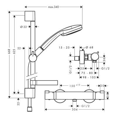 HansGrohe Croma 100 Aplike Duş Sistemi Multi, Ecostat Comfort Termostat Ve 90 Cm Duş Barı İle - 27085000 - 2