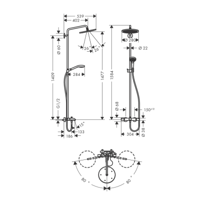 HansGrohe Croma Select S Duş Kolonu 280 1 Jet, Banyo Termostatı İle - 26792000 - 2