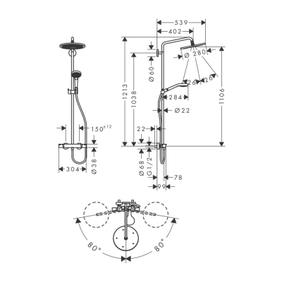 HansGrohe Croma Select S Duş Kolonu 280 1 Jet, Ecosmart, 9 Lt/Dk, Termostat İle - 26794000 - 2