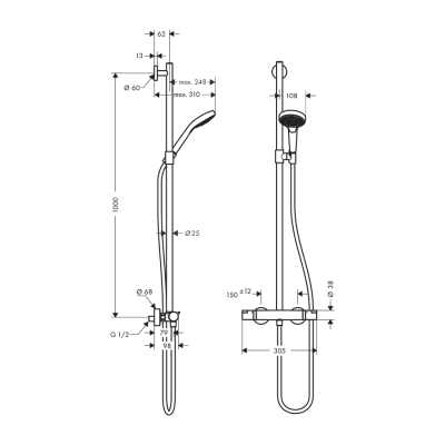 HansGrohe Croma Select S Semipipe Multi, Termostat İle - 27247400 - 2