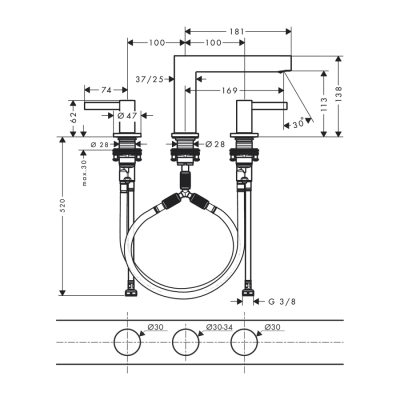 HansGrohe Finoris 3 - Delikli Lavabo Bataryası 110, Bas - Aç Gider Seti İle - 76033670 - 2