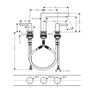 HansGrohe Finoris 3 - Delikli Lavabo Bataryası 110, Bas - Aç Gider Seti İle - 76033700 - 2