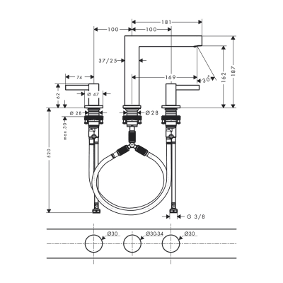 HansGrohe Finoris 3 - Delikli Lavabo Bataryası 160, Bas - Aç Gider Seti İle - 76034670 - 2