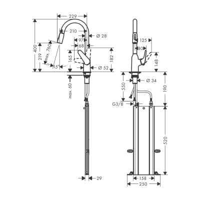 HansGrohe Focus M42 Tek Kollu Eviye Bataryası 220, Çekilebilir El Duşu, 2Jet, Sbox - 71820000 - 2