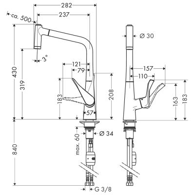 HansGrohe Metris M71 Tek Kollu Eviye Bataryası 320, Çekilebilir El Duşu, 2Jet - 14820000 - 2