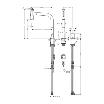 HansGrohe Metris Select M71 2 - Delikli Eviye Bataryası, Çekilebilir El Duşu İle - 73819800 - 2