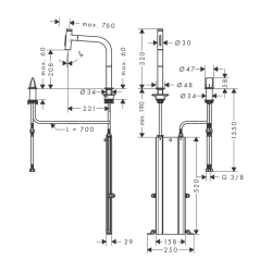 HansGrohe Metris Select M71 2 - Delikli Tek Kollu Eviye Bataryası 200, Çekilebilir El Duşu, 2Jet, Sbox - 73818000 - 2