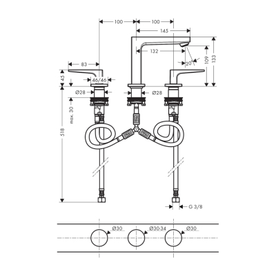 HansGrohe Metropol 3 - Delikli Lavabo Bataryası 110 Bas - Aç Gider Seti Ve Loop Volan İle - 74514000 - 2