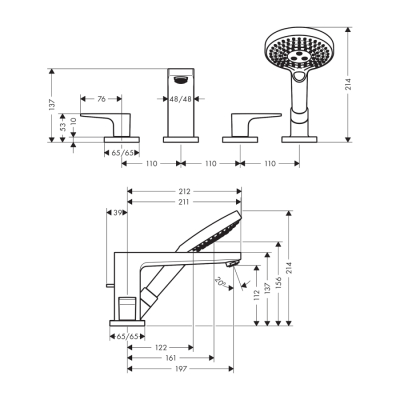 HansGrohe Metropol 4 - Delikli Küvet Kenarı Banyo Bataryası Loop Volan İle - 74552000 - 2