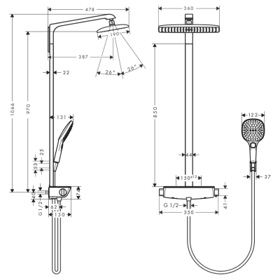 HansGrohe Raindance E Duş Kolonu 360 1 Jet, Ecosmart, 9 Lt/Dk, Termostat İle - 27286400 - 2