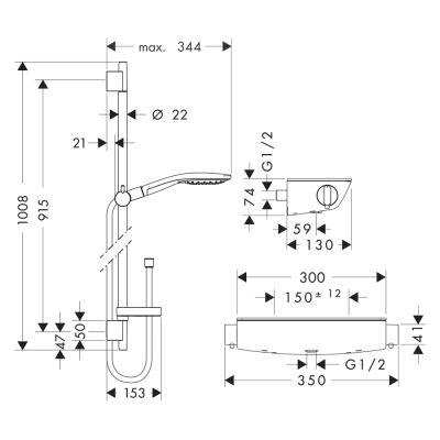 HansGrohe Raindance Select S Aplike Duş Sistemi 150 3Jet, Ecostat Select Termostat Ve 90 Cm Duş Barı İle - 27037000 - 2