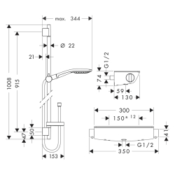 HansGrohe Raindance Select S Aplike Duş Sistemi 150 3Jet, Ecostat Select Termostat Ve 90 Cm Duş Barı İle - 27037400 - 2