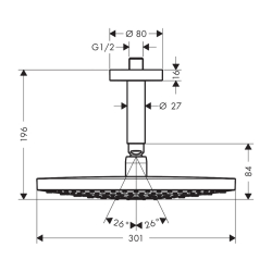 HansGrohe Raindance Select S Tepe Duşu 300 2 Jet, Tavan Bağlantısı İle - 27337000 - 2