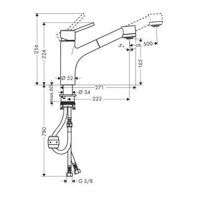 HansGrohe Talis M52 Tek Kollu Eviye Bataryası 170, Çekilebilir El Duşu, 2Jet - 32841000 - 2
