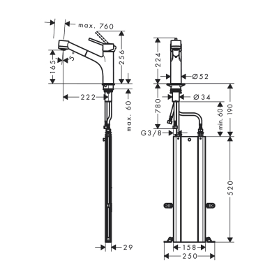 HansGrohe Talis M52 Tek Kollu Eviye Bataryası 170, Çekilebilir El Duşu, 2Jet, Sbox - 73860000 - 2