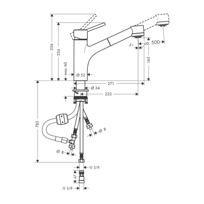 HansGrohe Talis M52 Tek Kollu Eviye Bataryası 170, Düşük Basınçlı Isıtıcılar İçin, Çekilebilir El Duşu, 2Jet - 32842000 - 2