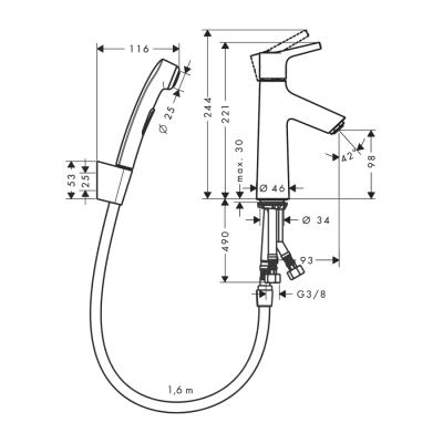 HansGrohe Talis S Tek Kollu Lavabo Bataryası Bidette El Duşu Ve 160 Cm Duş Hortumu İle - 72290000 - 2