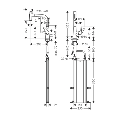 HansGrohe Talis Select M51 Tek Kollu Eviye Bataryası 220, Çekilebilir El Duşu, 2Jet, Sbox - 73868800 - 2