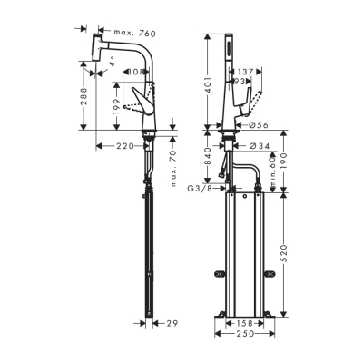 HansGrohe Talis Select M51 Tek Kollu Eviye Bataryası 300, Çekilebilir El Duşu, 2Jet, Sbox - 73867800 - 2