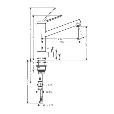 HansGrohe Zesis M33 Tek Kollu Eviye Bataryası, 200, Açma - Kapama Valfi, 1Jet - 74808000 - 2