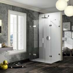 Solva Minimal Üç Sabit Cam Bir Menteşeli Kapı Duş Teknesi Üstü Yan Panelli Duşakabin - HÜPPE